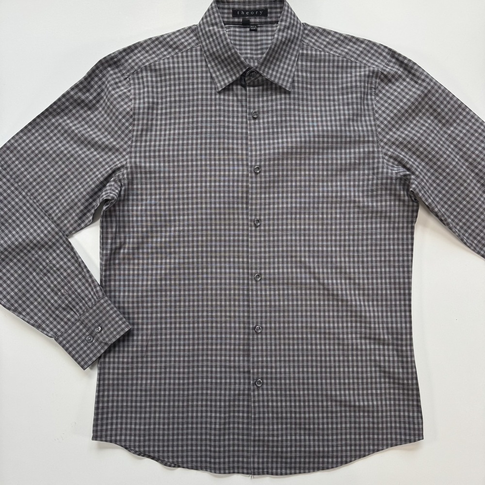 THEORY Kale Micro Check Button Up Long Sleeve Shirt Mens Large Black Gray Cotton